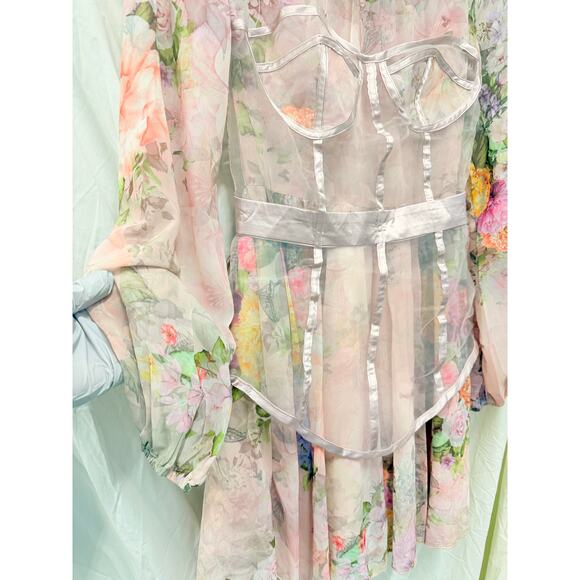 Missord Avante Garde Maximalist Sheer Floral High Neck Bishop Sleeve Mini Dress - Picture 3 of 7